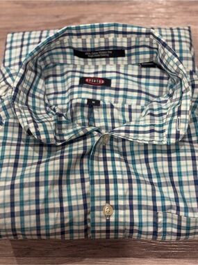 Overton Men's M Blue/White Plaid Dress Shirt 100% Cotton Wrinkle Free